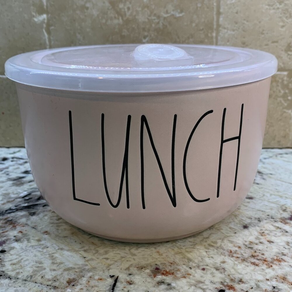 Rae Dunn LUNCH Ceramic Food Storage Container With Vented Plastic Lid Pink